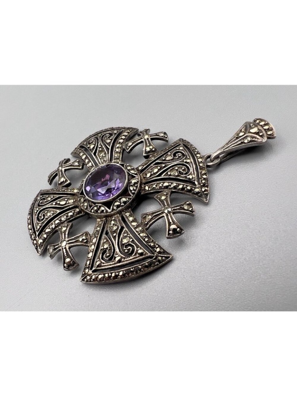 Vintage Jerusalem Cross Crusaders Silver Marcasite Purple Stone Pendant - Picture 3 of 8